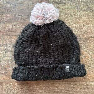 The North Face Black and Pink Hat with Chunky Knit and Pom-Pom